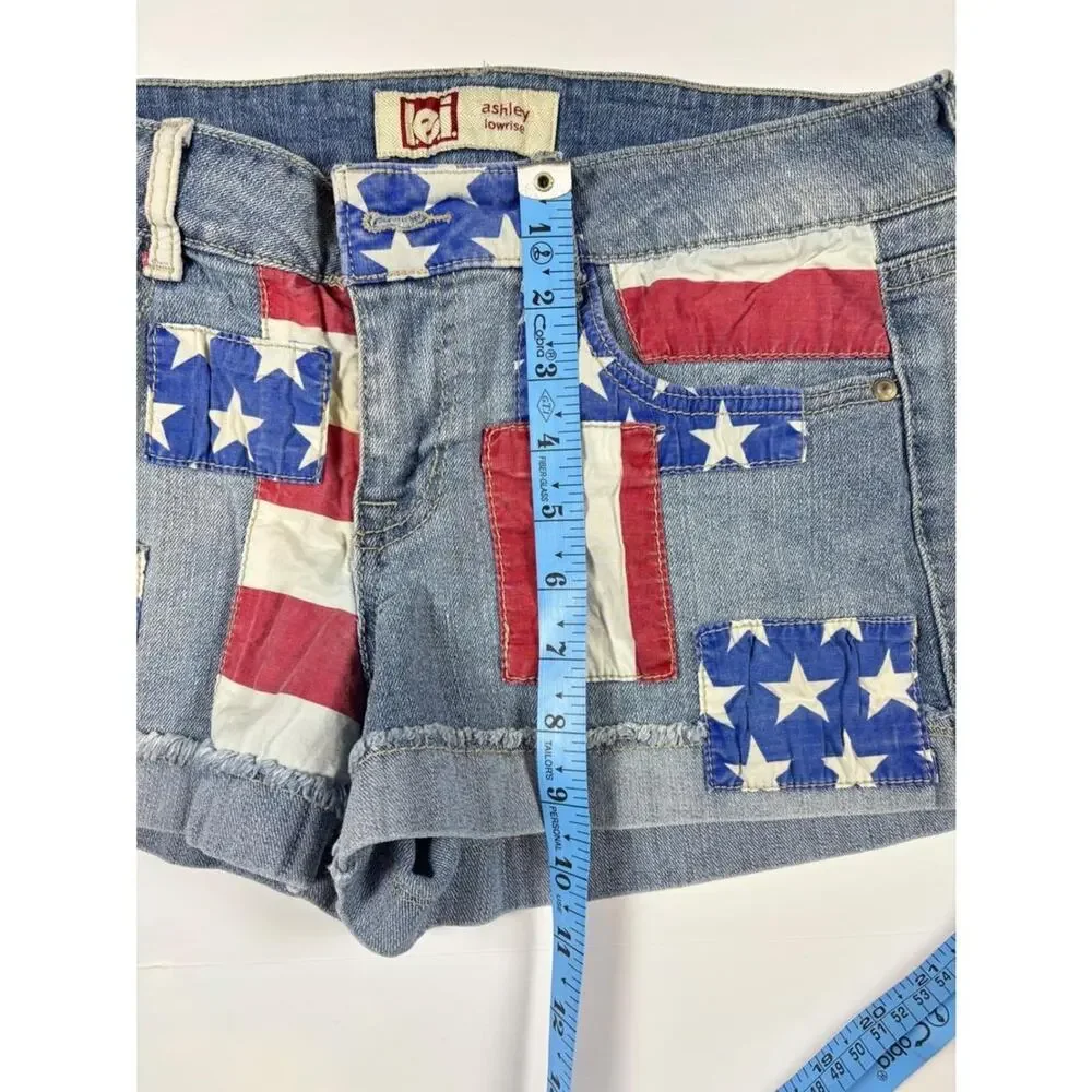 Y2K LEI Ashley Lowrise Denim Shorts Americana Flag Patchwork Stars Stripes SZ 11